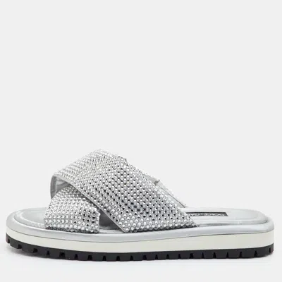 Pre-owned Dolce & Gabbana Size 41 Silver Fabric Crystal Embellished Platform Slide Sandals