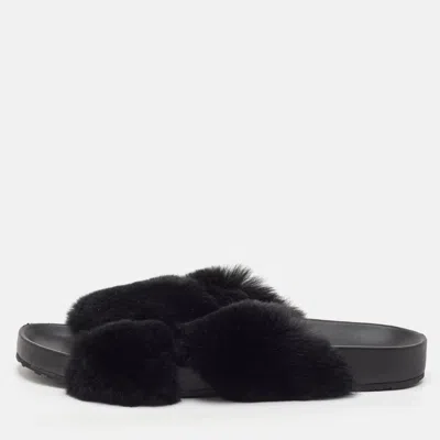 Pre-owned Dolce & Gabbana Size 44 Black Fox Fur Flat Slide Sandals