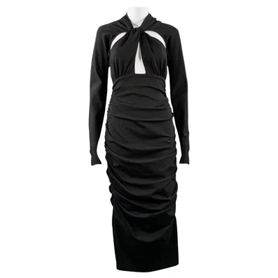 Pre-owned Dolce & Gabbana Size 8 Black Viscose Blend Ruched Bodycon Cutout Cocktail Dress