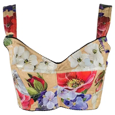 Pre-owned Dolce & Gabbana Size 8 Multi Color Nylon Blend Floral Bralette In Sand