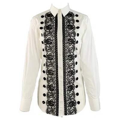 Pre-owned Dolce & Gabbana Size Xs White Black Cotton Blend Lace Trim Sequins Button Up Shirt