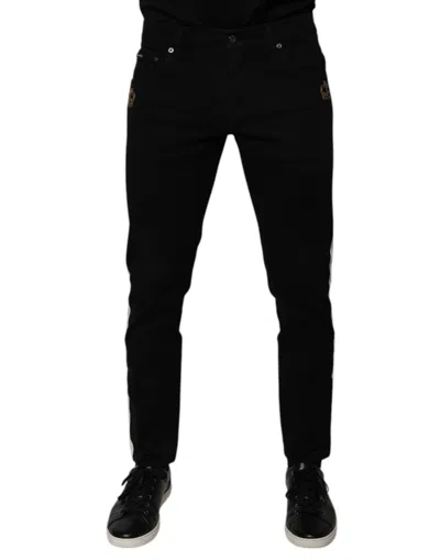 Dolce & Gabbana Skinny Denim With Crown Embroidery Jeans In Black
