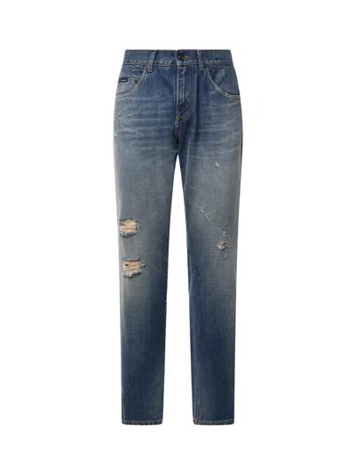 Dolce & Gabbana Distressed Light-wash Cotton Jeans In Blue