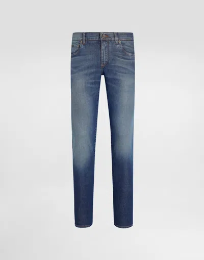 Dolce & Gabbana Skinny Stretch Cotton Jeans With Logo Embroidery In Multicolor