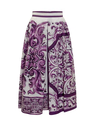 Dolce & Gabbana Pleated Skirt With Maiolica Print In Purple