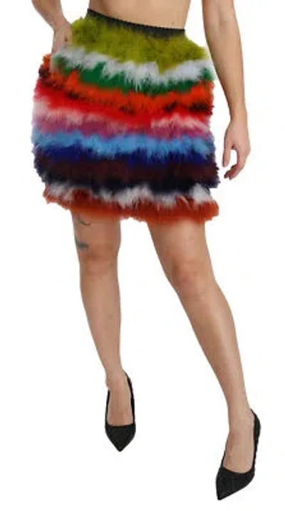 Pre-owned Dolce & Gabbana Skirt Feather Red Blue High Waist Mini It36/us2/xs Rrp $2600 In Multicolor