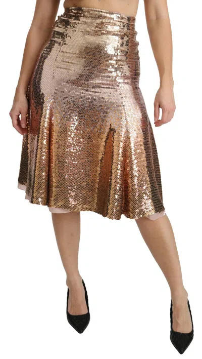 Pre-owned Dolce & Gabbana Skirt Gold Sequined High Waist Midi S. It40 / Us6 / S $2300