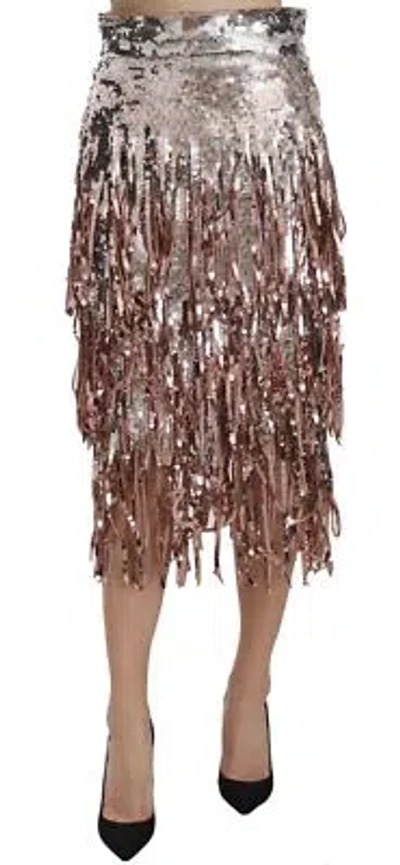 Pre-owned Dolce & Gabbana Skirt Sequin Embellished Fringe Midi Pencil It44/ Us10 /l $10600 In Gray