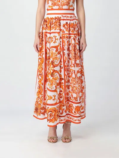 Dolce & Gabbana Majolica Print Satin Maxi Skirt In Orange