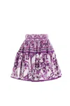 Dolce & Gabbana Violet Pleated Miniskirt With Rear Zip Closure And All-over Graphic Print In Cotton Woman In Purple
