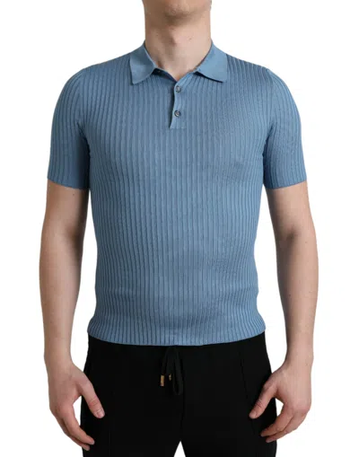 Dolce & Gabbana Sky Blue Henley Silk Short Sleeves T-shirt In Light Blue