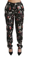 Dolce & Gabbana Black Puppy Dog Mid Waist Skinny Silk Pants
