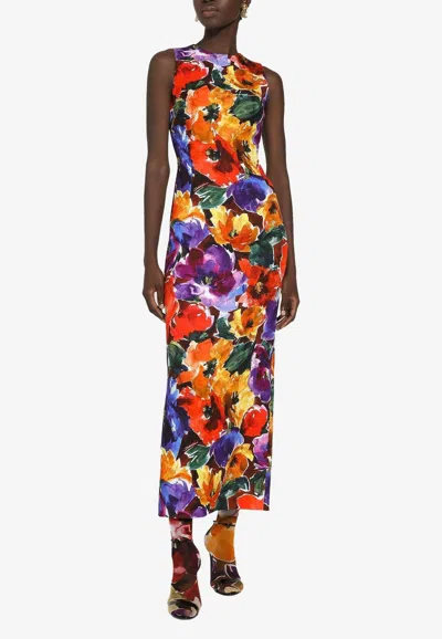 Dolce & Gabbana Abstract Floral-print Midi Dress In Multicolor