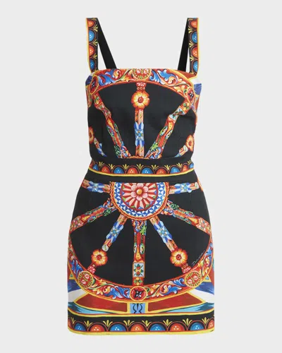 Dolce & Gabbana Sleeveless Carretto-print Cotton Stretch Mini Dress In Multi