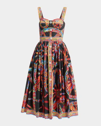Dolce & Gabbana Sleeveless Carretto-print Poplin Button-front Midi Bustier Dress In Blue