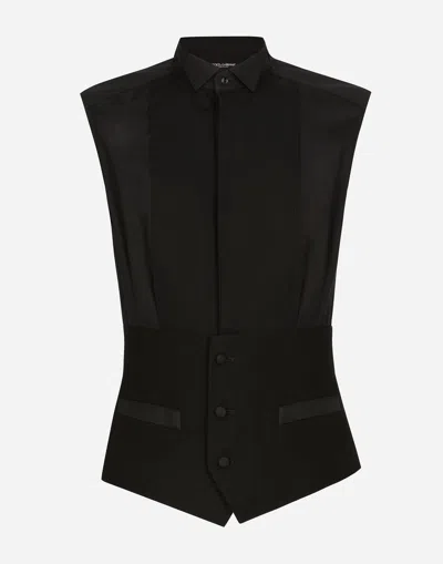 Dolce & Gabbana Sleeveless Cotton Tuxedo Shirt In Black
