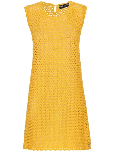 Dolce & Gabbana Sleeveless Crochet-knit Mini Dress In Powder_dark_yellow