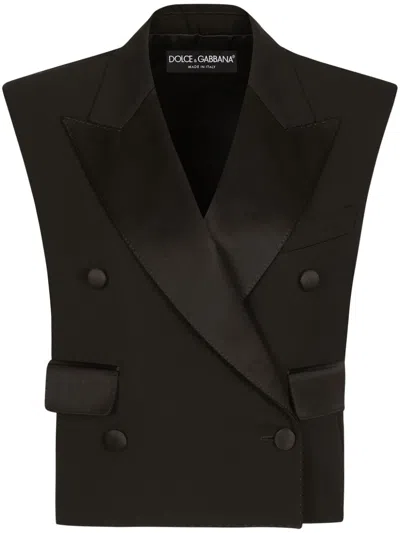Dolce & Gabbana Sleeveless Double-breasted Wool Gabardine Tuxedo Jacket In Black