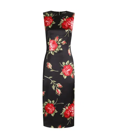 Dolce & Gabbana Women Black Dress With All-over Floral Print In Silk Woman In Multi