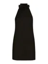 Dolce & Gabbana Black Mini Dress With Floral Detail In Wool Woman In Black