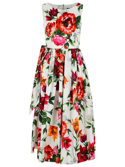 Dolce & Gabbana Sleeveless Dress In Cotton Poplin Flower Print In White