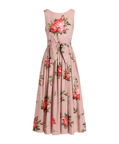 Dolce & Gabbana Abito Midi In Cotone Rosa Con Stampa Fiori Dolce E Gabbana In Pink