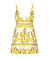 Dolce & Gabbana Short Majolica-print Brocade Dress With Straps In Yellow