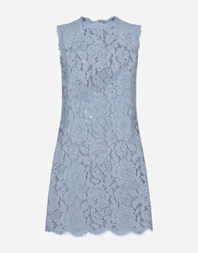 DOLCE & GABBANA SLEEVELESS FLORAL LACE A-LINE DRESS WITH DG LOGO