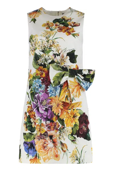 Dolce & Gabbana Sleeveless Floral Print Tapered Dress With Decorative Bow In Multi