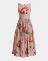 Dolce & Gabbana Abito Midi In Cotone Rosa Con Stampa Fiori Dolce E Gabbana In Pink