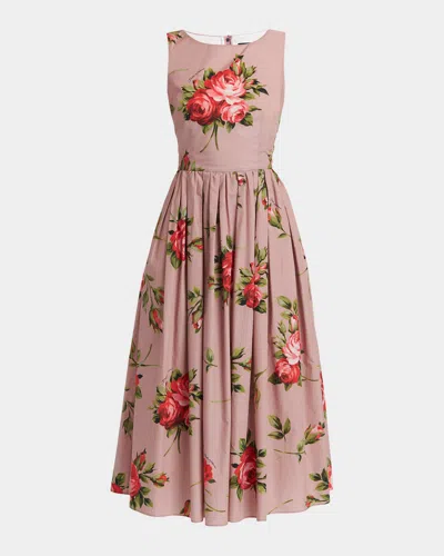 Dolce & Gabbana Abito Midi In Cotone Rosa Con Stampa Fiori Dolce E Gabbana In Pink