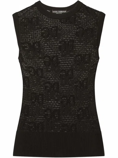 Dolce & Gabbana Sleeveless Lace-stitch Sweater With Dg Logo In Black