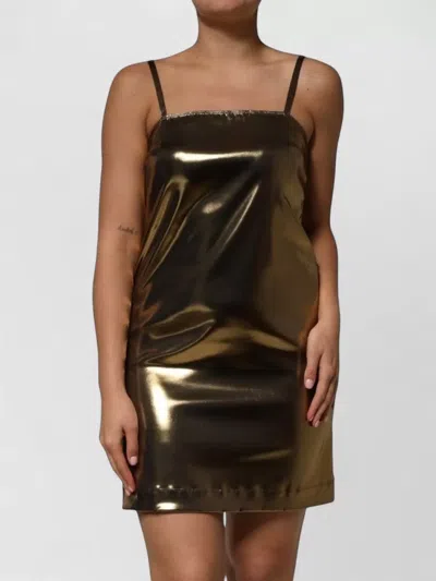 Dolce & Gabbana Sleeveless Metallic Mini Dress Square Neckline In Brown
