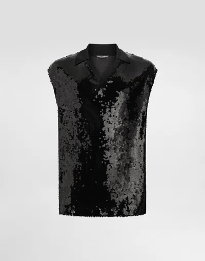 Dolce & Gabbana Sleeveless Polo With Sequins In Black