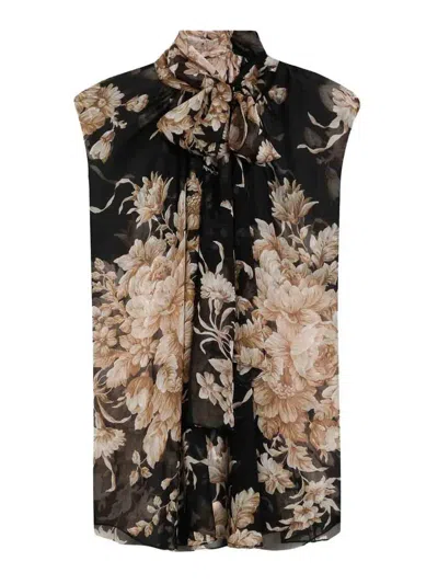 Dolce & Gabbana Sleeveless Rose-print Bow Blouse In Black