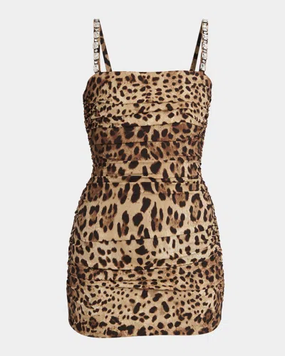 Dolce & Gabbana Sleeveless Ruched Leopard-print Silk Charmeuse Mini Dress