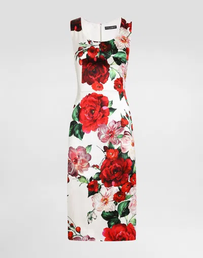 Dolce & Gabbana Sleeveless Satin Calf-length Dress With Rose Print In Multi