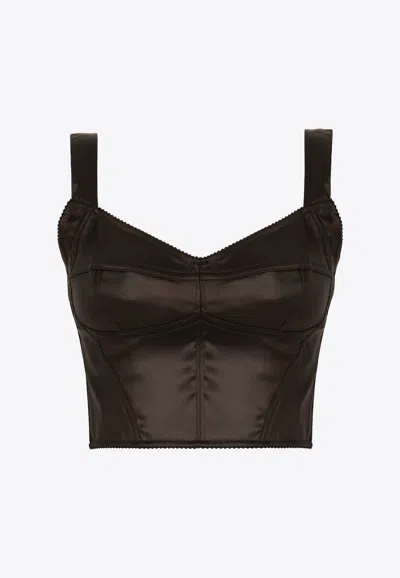 Dolce & Gabbana Shiny Satin Corset Top In Dark Brown