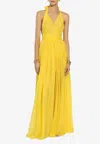 Dolce & Gabbana Pleated Halterneck Silk Maxi Dress In Yellow