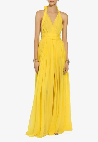 Dolce & Gabbana Pleated Halterneck Silk Maxi Dress In Yellow