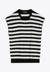 Dolce & Gabbana Black And White Sleeveless Top With Round Neck And All-over Strpied Motif In Monochrome