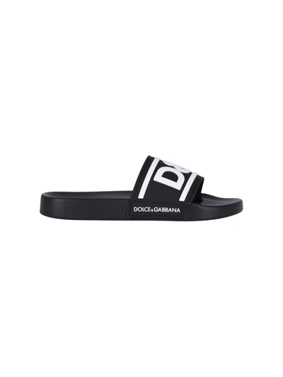 Dolce & Gabbana Slide Logo Sandals In Nero Bianco