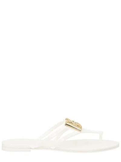 Dolce & Gabbana White Thong Sandals With Logo Plaque On The Front In Rubber Woman In Multi