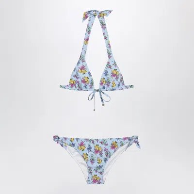 Dolce & Gabbana Sliding Triangle Bikini With Floral Print In Light Blue