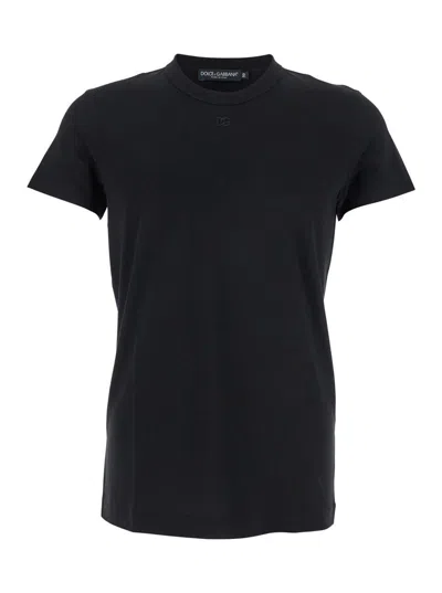 Dolce & Gabbana Black Crewneck T-shirt With Tonal Logo Lettering Embroidery On The Front