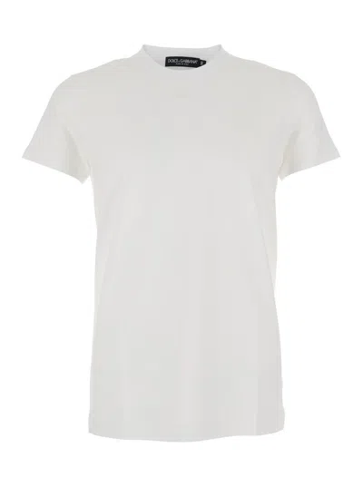 DOLCE & GABBANA WHITE CREWNECK T-SHIRT WITH TONAL LOGO LETTERING EMBROIDERY ON THE FRONT IN COTTON STRETCH MAN