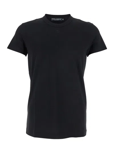 DOLCE & GABBANA BLACK CREWNECK T-SHIRT WITH TONAL LOGO LETTERING EMBROIDERY ON THE FRONT IN COTTON STRETCH MAN