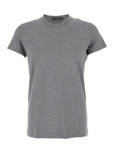 Dolce & Gabbana Grey Crewneck T-shirt With Tonal Logo Lettering Embroidery On The Front In Gray