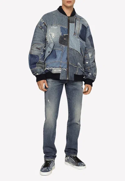 Dolce & Gabbana Light Blue Slim-fit Stretch Jeans With Abrasions In Combined Colour