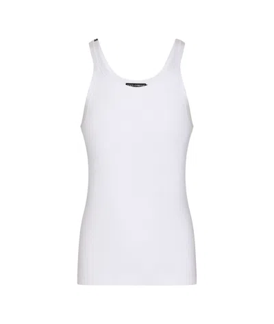 Dolce & Gabbana White Ribbed Tank Top With Logo Label In Cotton